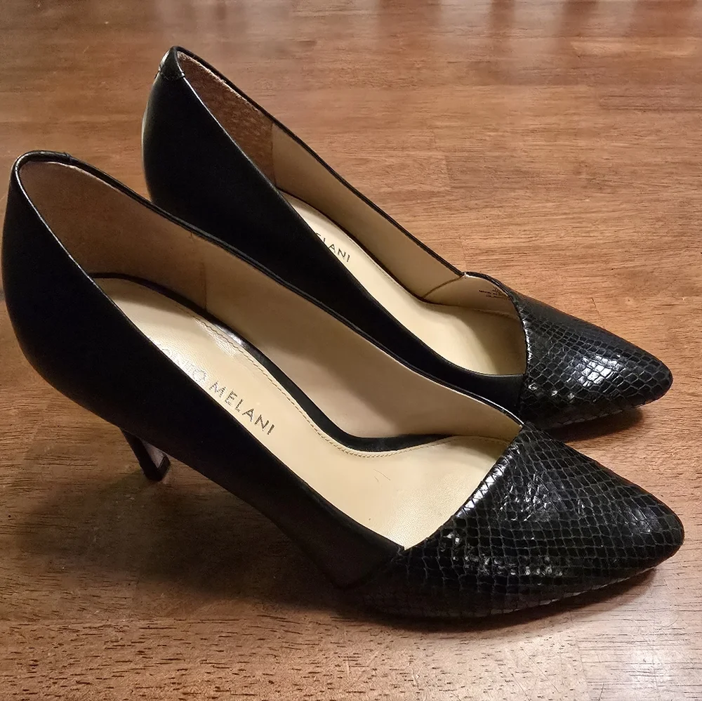 ANTONIO MELANI Clarete Black Leather Heels With Asymmetrical Textured Toe - Picture 3 of 8